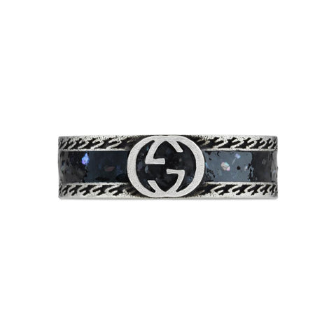 Gucci Interlocking Sterling Silver Black Enamel Band Ring D