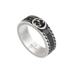 Gucci Interlocking G Sterling Silver Black Enamel Band Ring YBC645573002