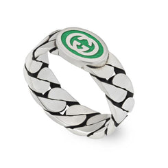 Gucci Interlocking G Sterling Silver Green Enamel Band Ring YBC701612001