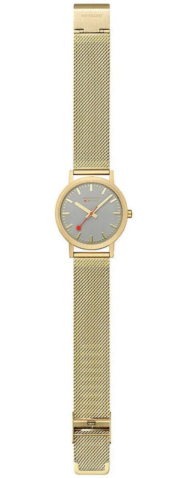 Mondaine Classic Orologio Da Donna – 36mm, Cassa Dorata, Quadrante Grigio, Cinturino In Tessuto