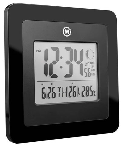 Marathon Clock Digital Wall Day Date Temperature Alarm & Moon Phase Black