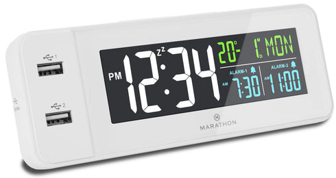 Marathon Clock LED Colour Display Dual USB Charging Alarm White CL030072-WH-00-NA