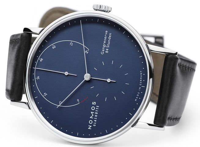 Nomos Glashutte Watch Lambda White Gold Deep Blue Sapphire Crystal