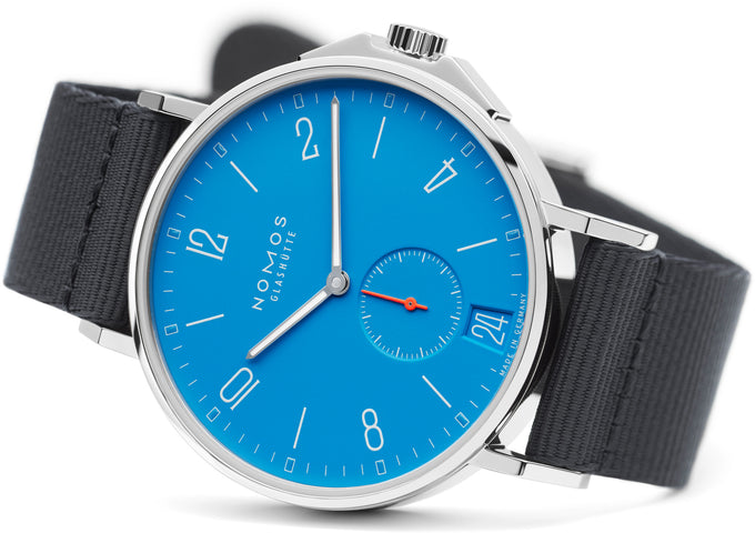 Nomos Glashutte Watch Ahoi Datum Signalblau Sapphire Crystal