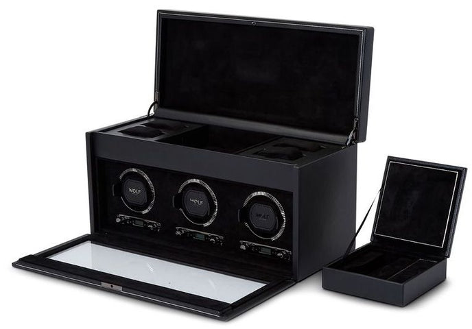 WOLF Watch Winder British Racing Black Triple Storage
