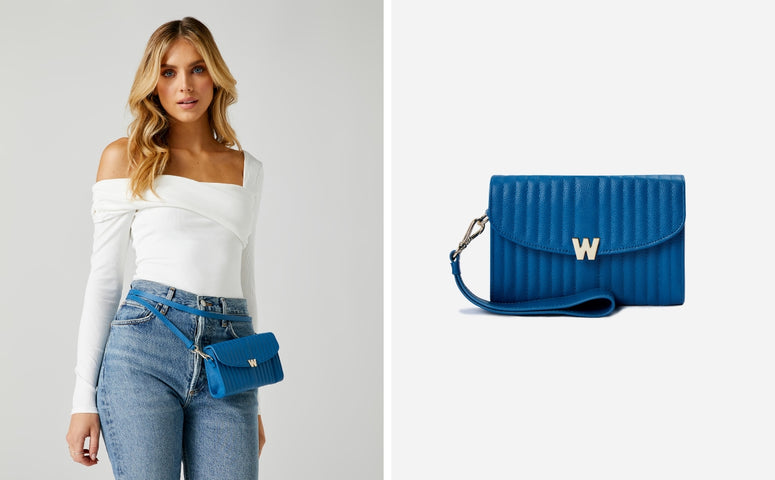 Wolf Mimi Collection Leather Blue Crossbody Bag with Wristlet