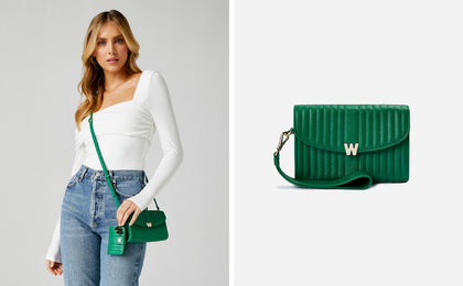 Wolf Mimi Collection Leather Green Crossbody Bag with Wristlet and Lanyard