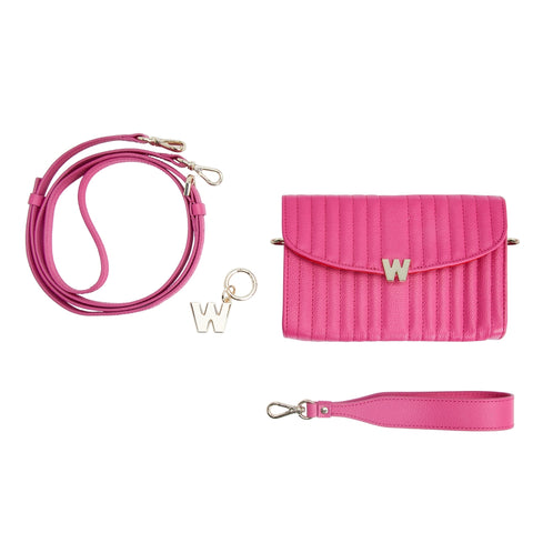 Wolf Mimi Collection Leather Pink Crossbody Bag with Wristlet and Lanyard